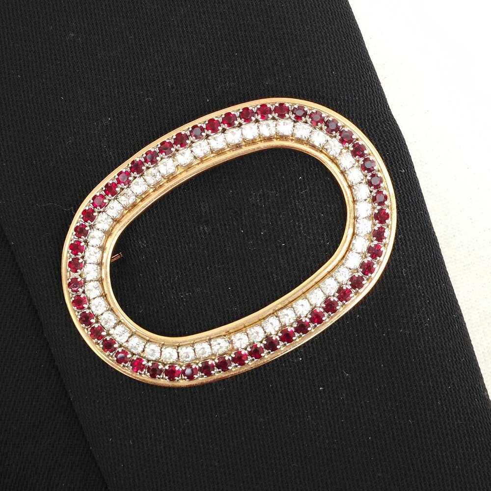 Vintage Oval Shaped Deep Red and Clear Rhinestone Brooch